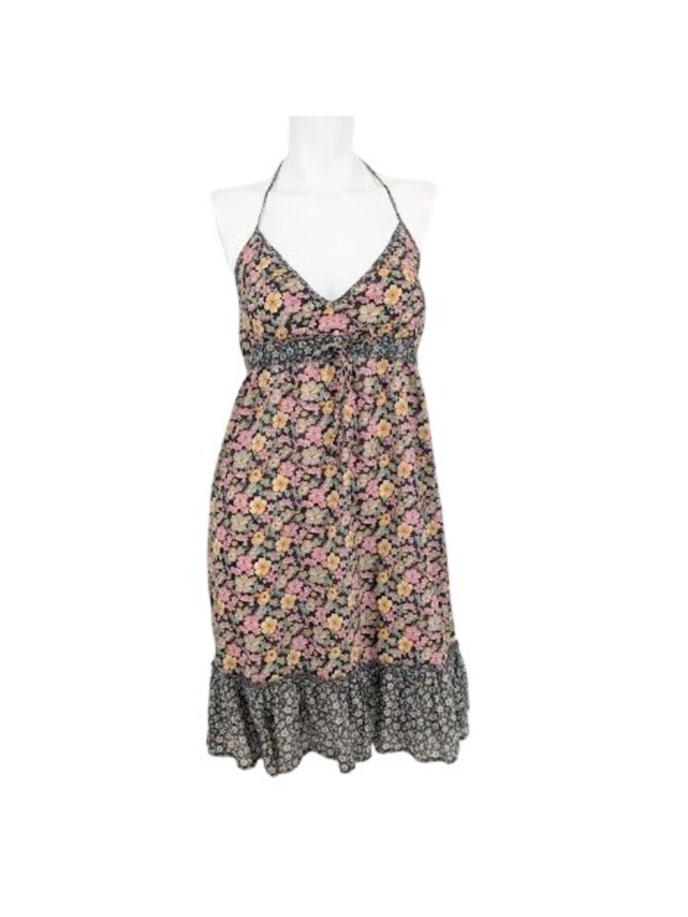 Vintage H&M‎ Floral Halter Mini Dress Y2K Babydoll Indie Festival Ruffle Boho 10